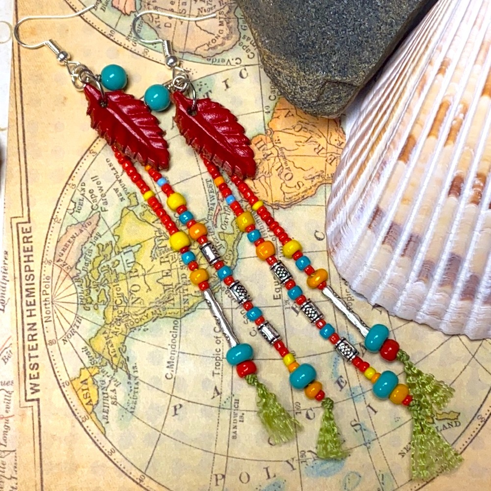 NWOT Super long multicolored earrings beads silk - Picture 3 of 5